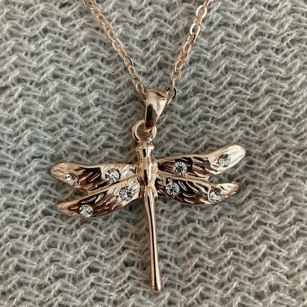 NECKLACE Rose Gold Toned Dragonfly Necklace with Rhinestones.